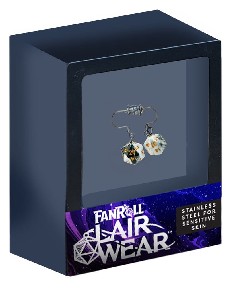 Lair Wear Dice Earrings D20 Marble Black & White with Gold