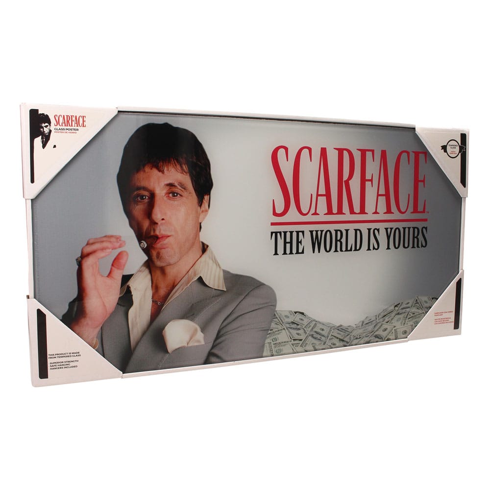 Scarface Glass Poster The World Is Yours (Grey Background) 60 x 30 cm